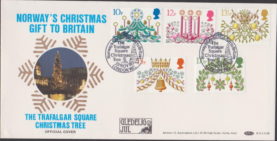 1980 Benham FDC Christmas Trafalgar Square Christmas Tree Postmark